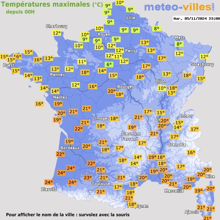 Températures maximales (°C) depuis 00h