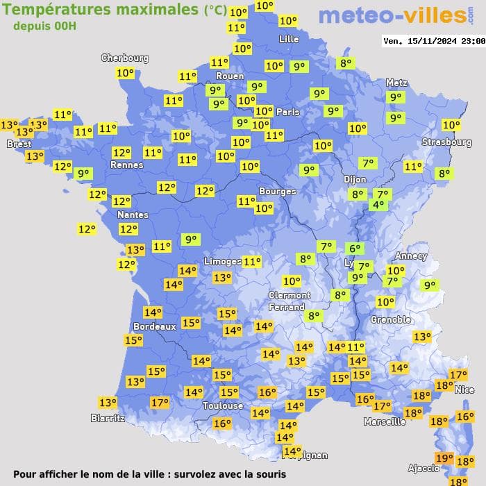 Températures maximales (°C) depuis 00h