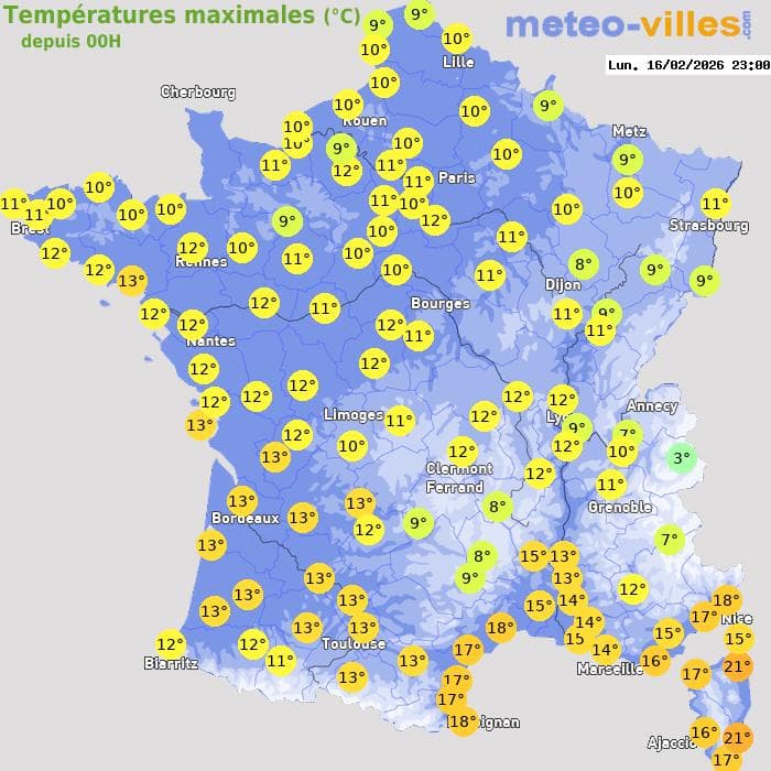 Températures maximales (°C) depuis 00h