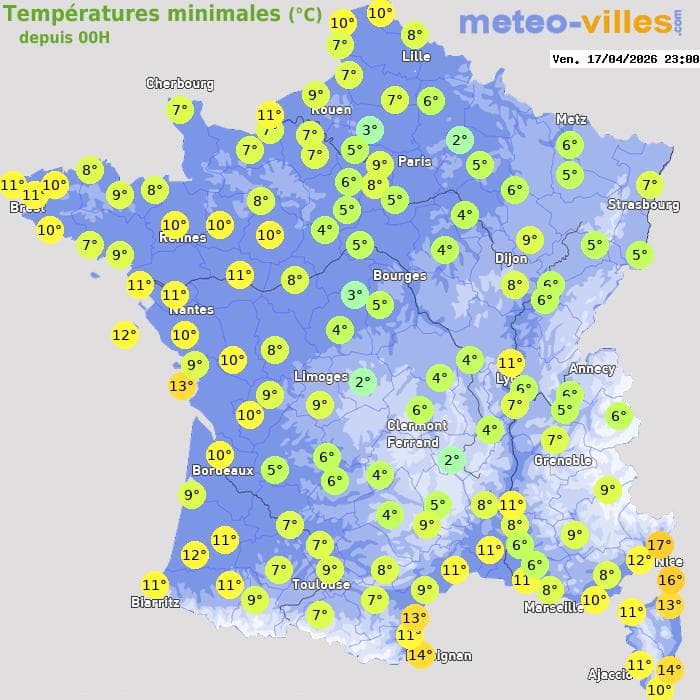 Températures minimales (°C) depuis 00h