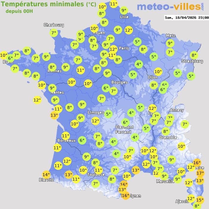 Températures minimales (°C) depuis 00h