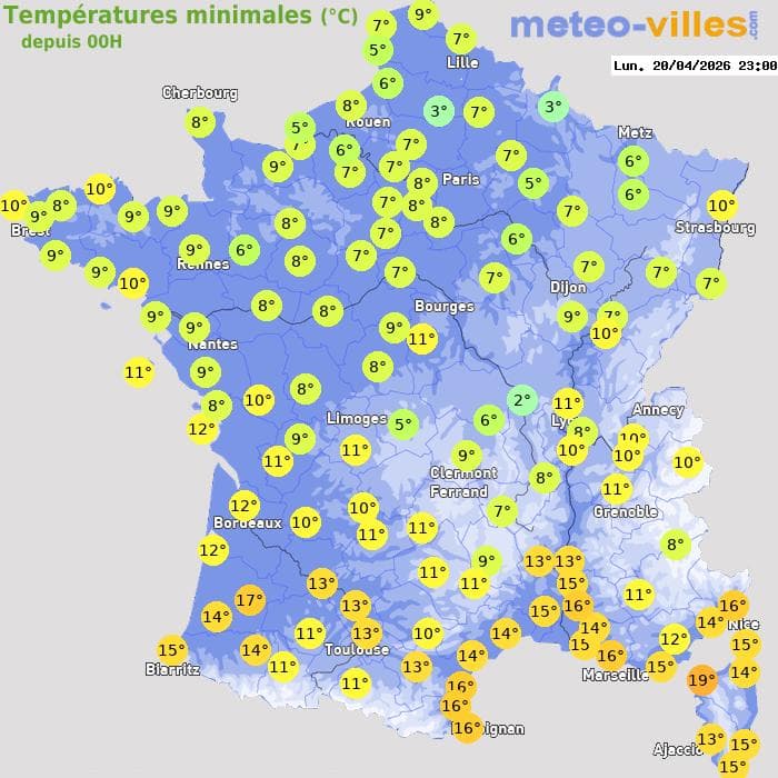 Températures minimales (°C) depuis 00h