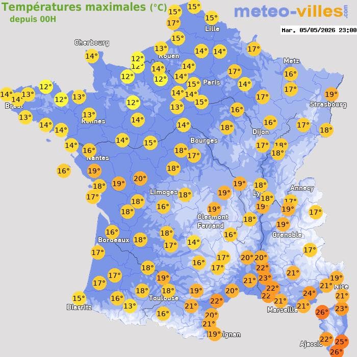 Températures maximales (°C) depuis 00h