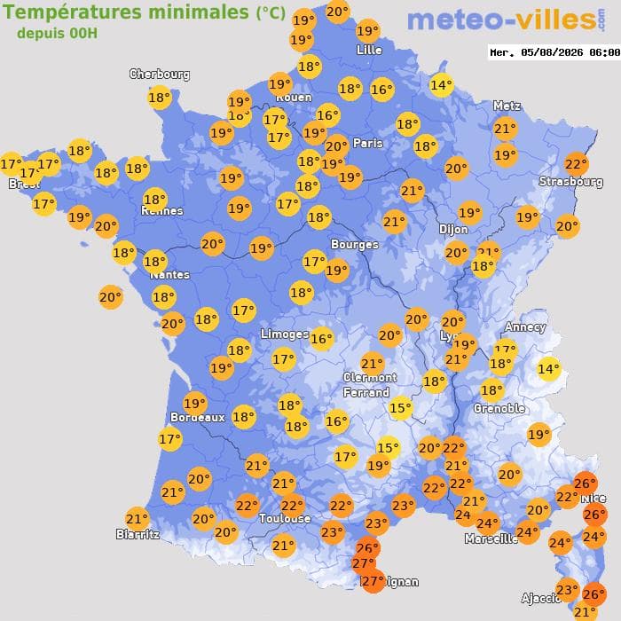 Températures minimales (°C) depuis 00h