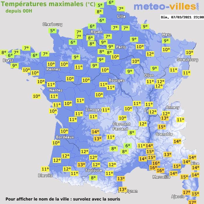 Températures maximales (°C) depuis 00h