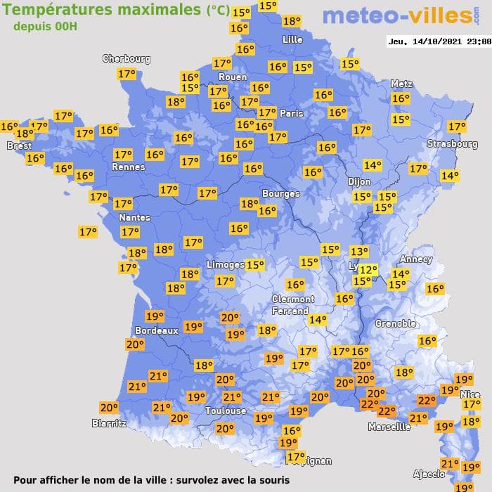 Températures maximales (°C) depuis 00h