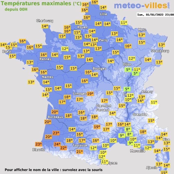 Températures maximales (°C) depuis 00h
