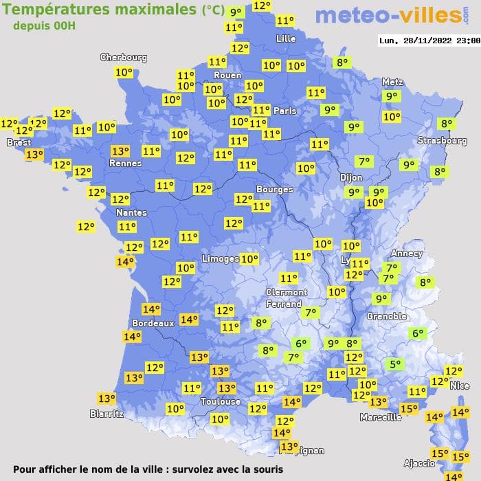 Températures maximales (°C) depuis 00h