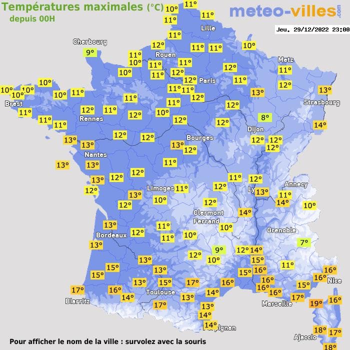 Températures maximales (°C) depuis 00h