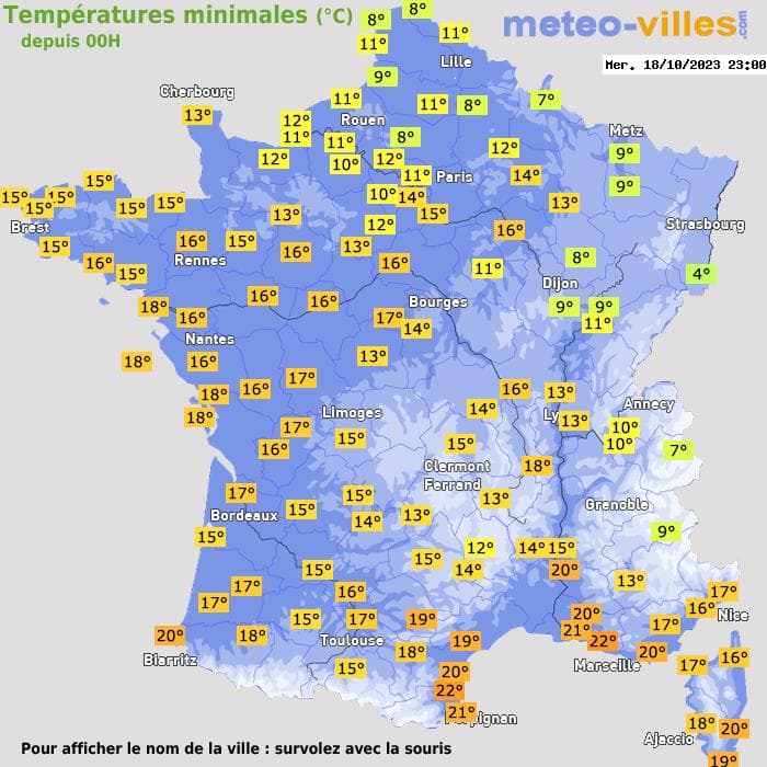 Températures minimales (°C) depuis 00h