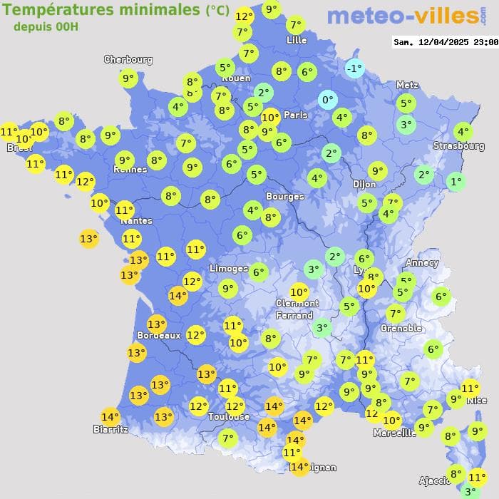 Températures minimales (°C) depuis 00h