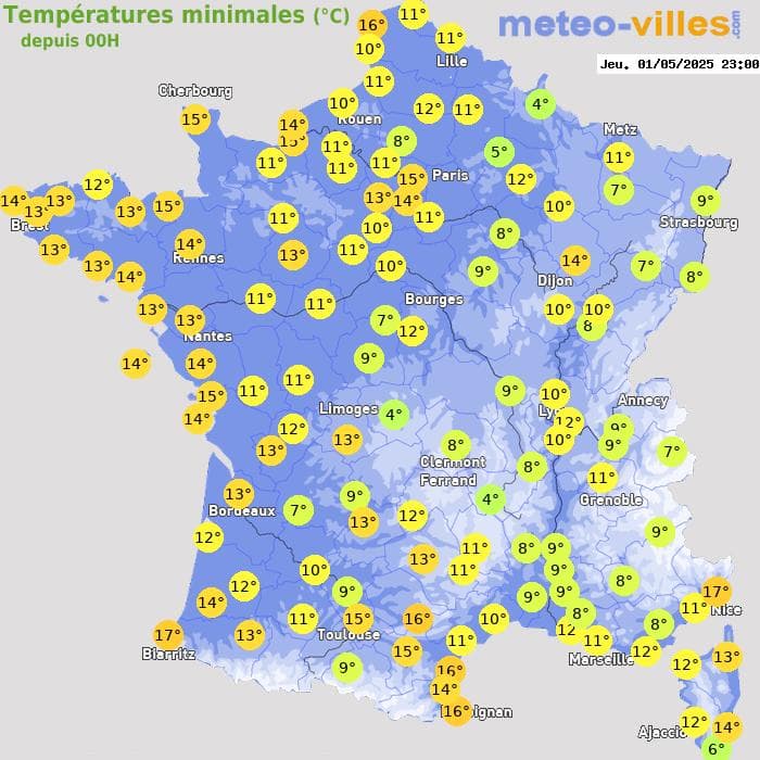Températures minimales (°C) depuis 00h