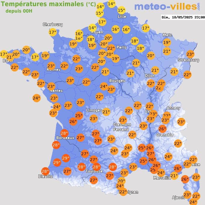 Températures maximales (°C) depuis 00h