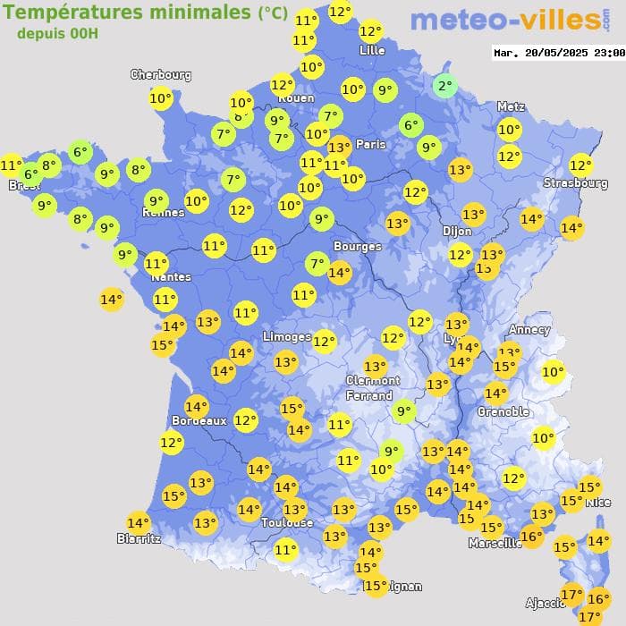 Températures minimales (°C) depuis 00h