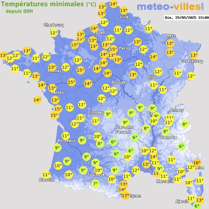 Températures minimales (°C) depuis 00h