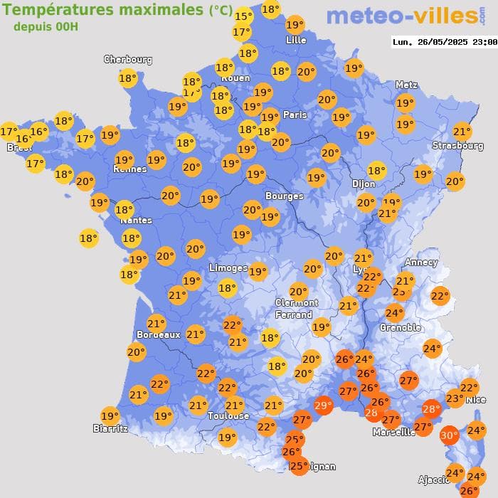 Températures maximales (°C) depuis 00h