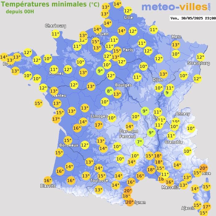 Températures minimales (°C) depuis 00h