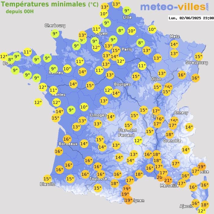 Températures minimales (°C) depuis 00h