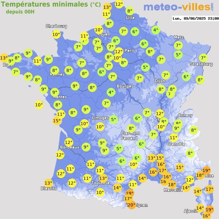 Températures minimales (°C) depuis 00h