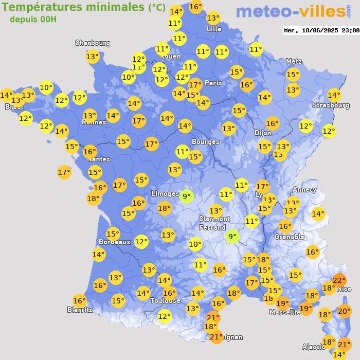 Températures minimales (°C) depuis 00h