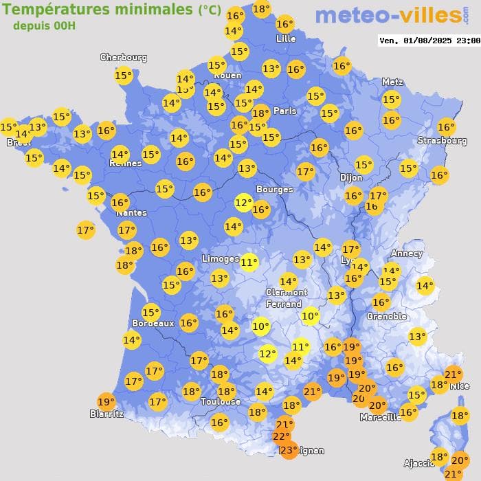 Températures minimales (°C) depuis 00h