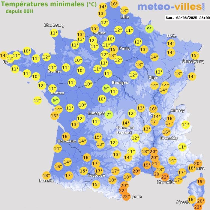 Températures minimales (°C) depuis 00h
