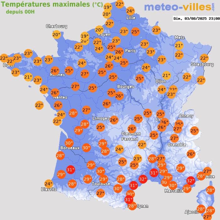 Températures maximales (°C) depuis 00h
