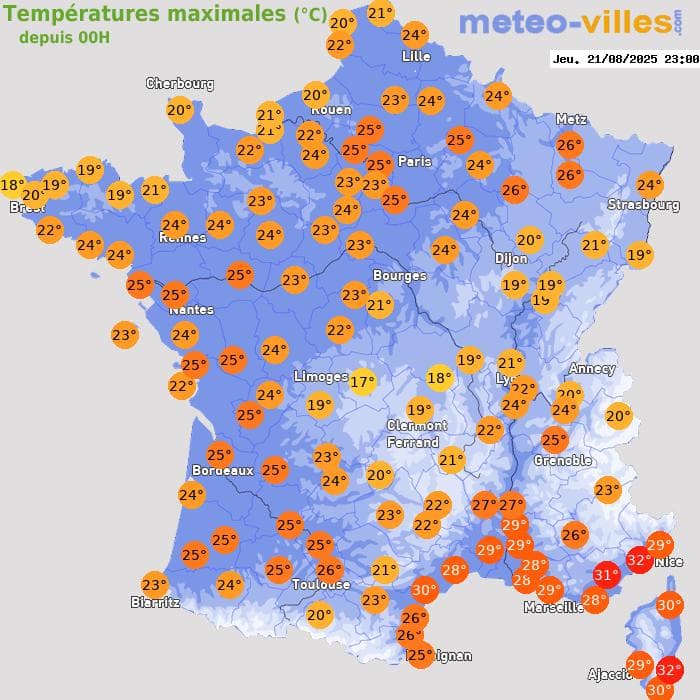 Températures maximales (°C) depuis 00h