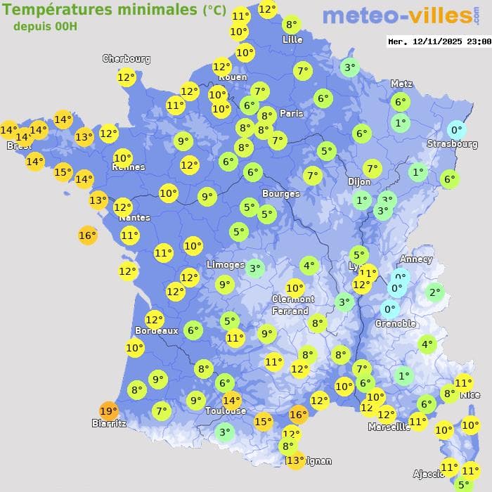 Températures minimales (°C) depuis 00h