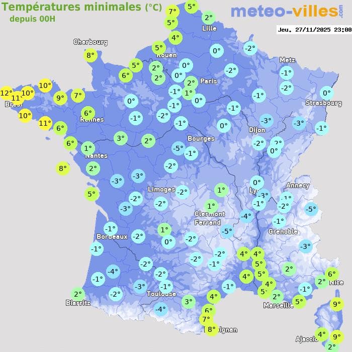 Températures minimales (°C) depuis 00h