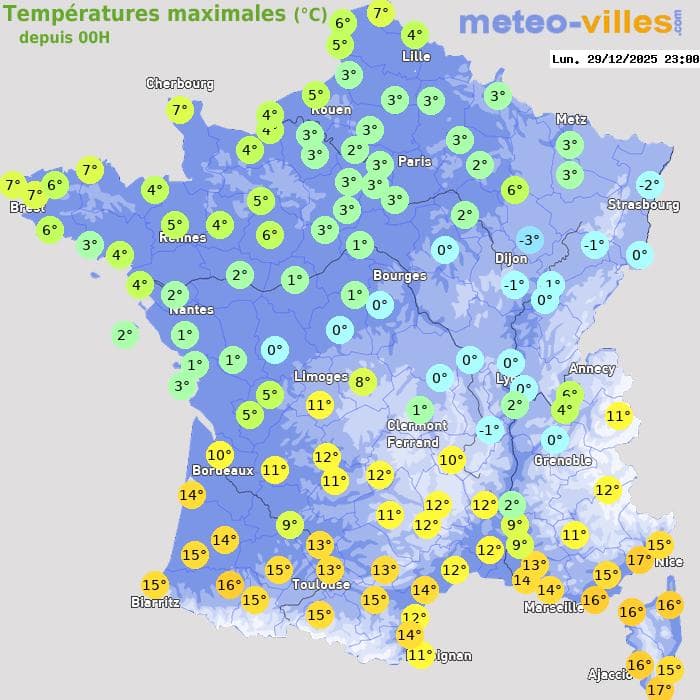 Températures maximales (°C) depuis 00h
