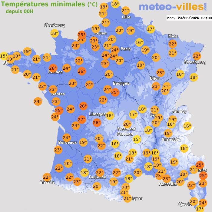Températures minimales (°C) depuis 00h